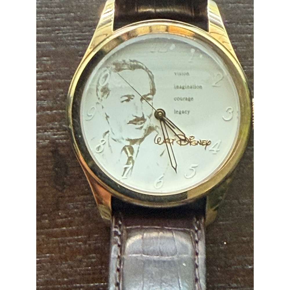 Vintage Disney Watch Mens Gold Brown Leather Walt Disney Portrait Vision Legacy